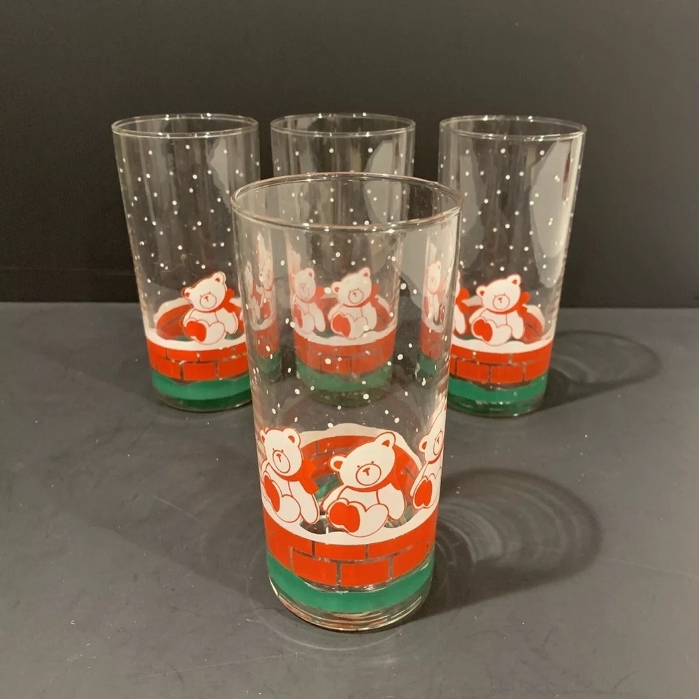 4 TEDDY BEAR Christmas Holiday Drinking Glasses ~ Vintage